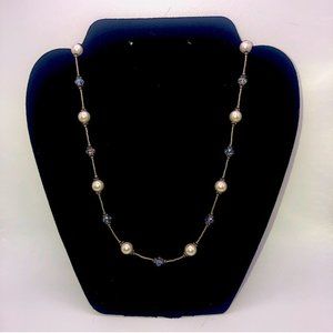 Vtg Sterling Pearl &Aurora Crystal Heishi Tube Bead Necklace Toggle Clasp 18”